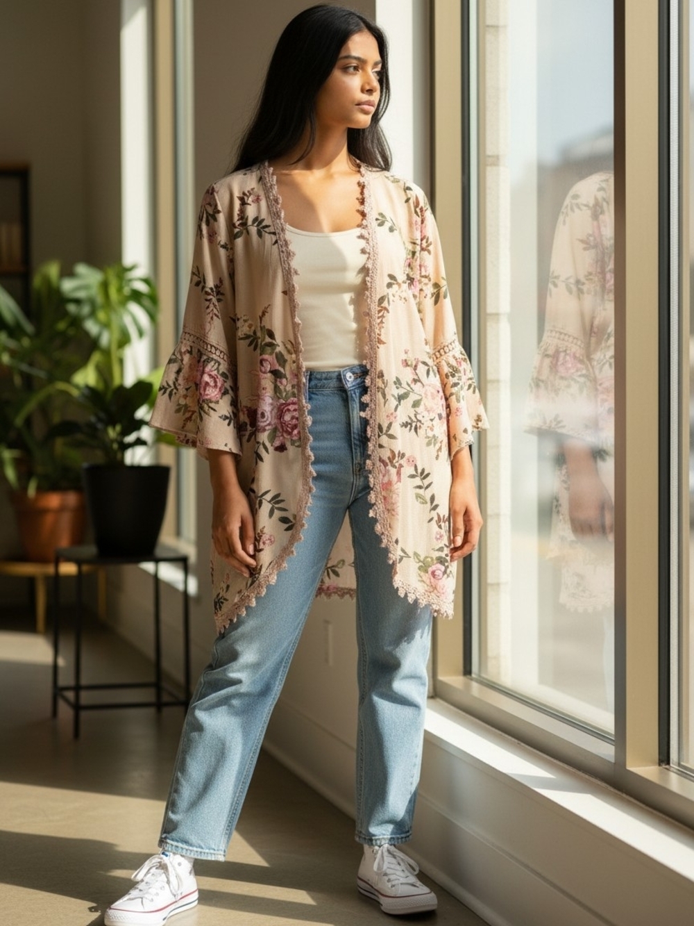 Truself Floral Embroidered Pink Kimono Cardigan Women Boho Festival Size 1X